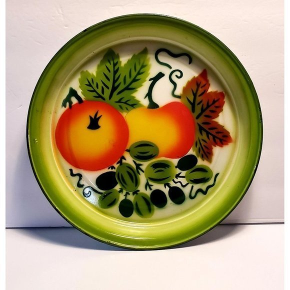 Enamel Ware Round‎ Hand Painted Fruit Tray 12in Vintage